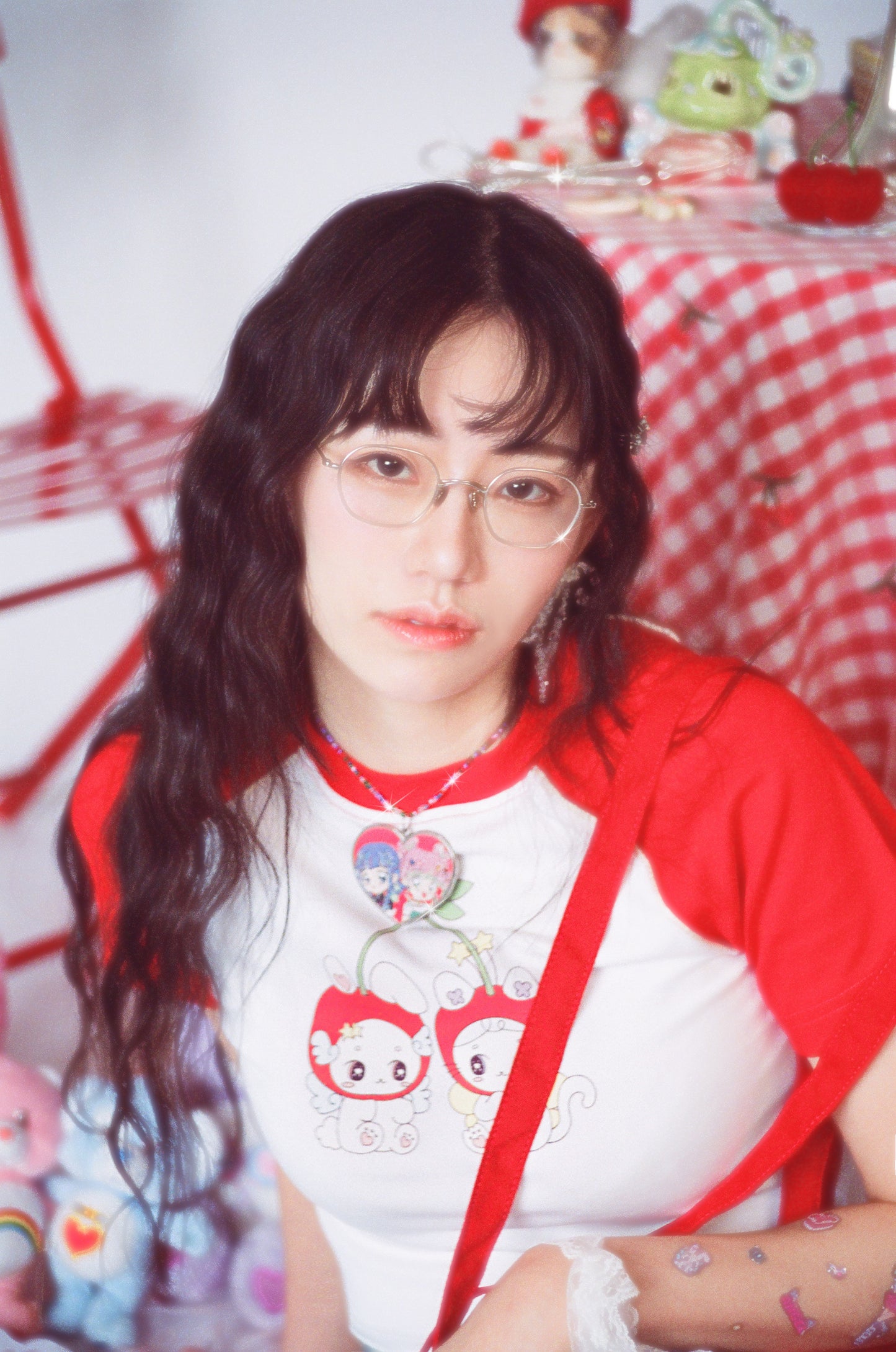 PRISM - Cropped T-Shirt - Red Sleeve - Cherry Rabbit and Cat
