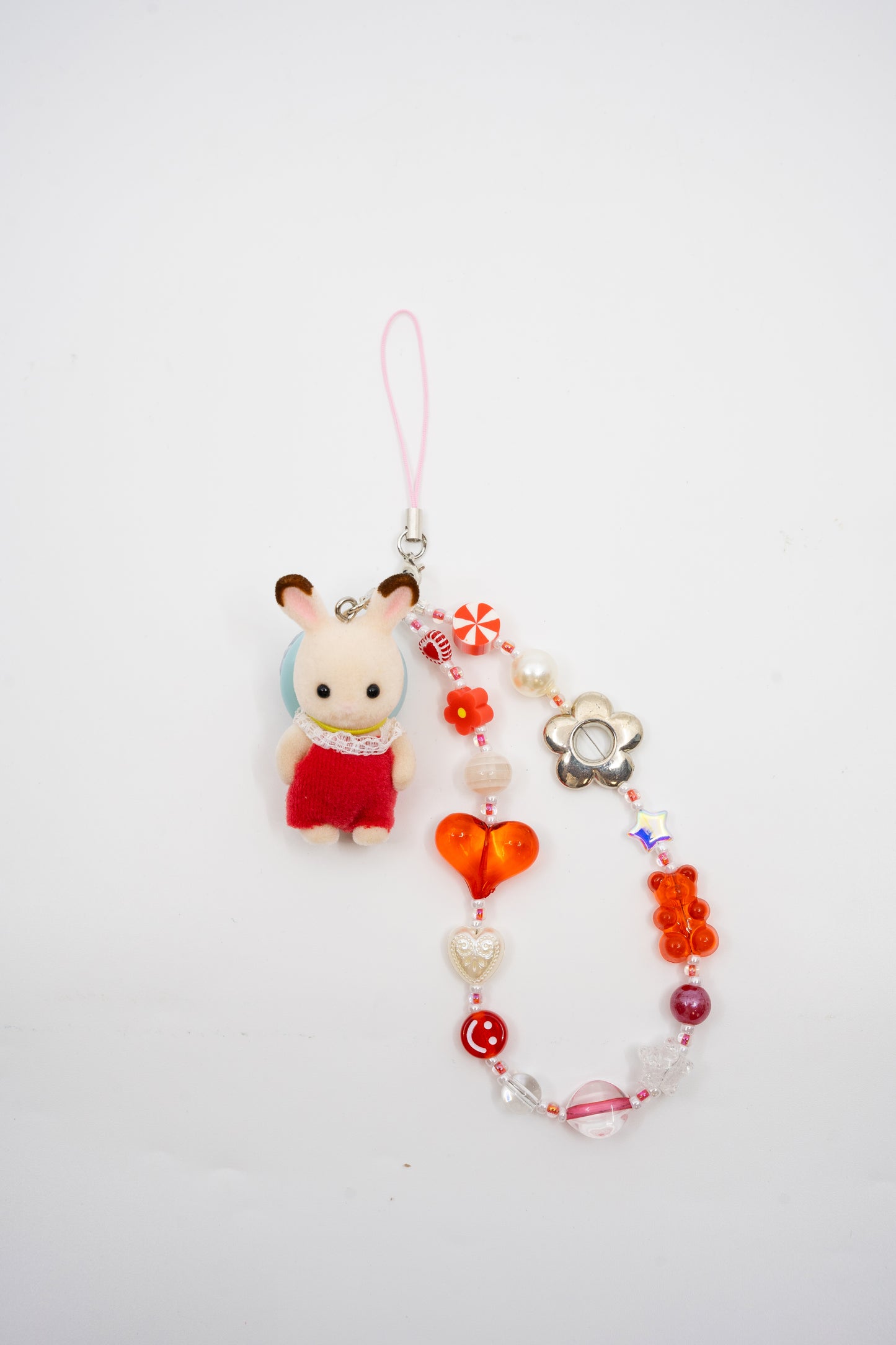 Mangekyo - Sylvanian Families v4 - Baby Rabbit (with Hat) Beaded Phone Charm Trinket (Red)