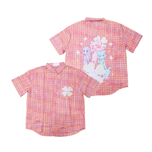PRISM - Button Down Crinkle Shirt - Pink Checker - Piko, Chou Chou and Hoshi